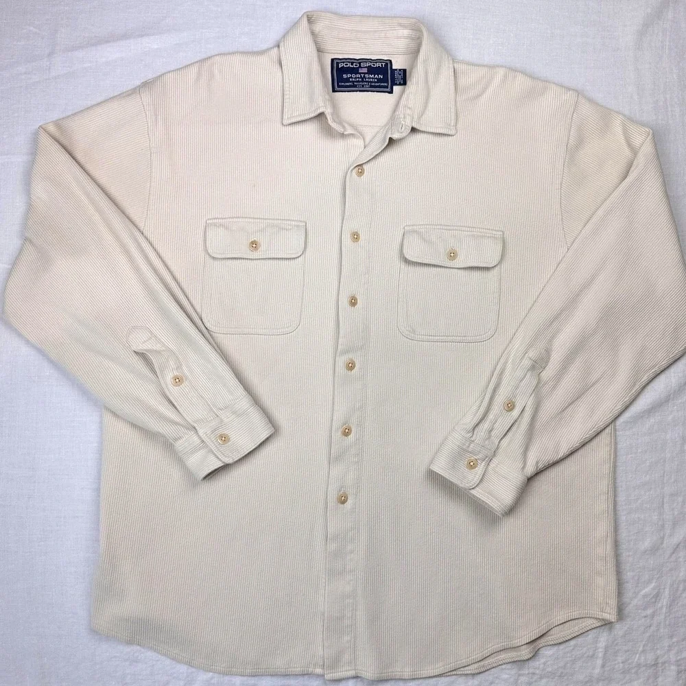 Polo Sport Ralph Lauren Shirt‎ Men XL Ribbed Cotton Button Up Pocket 90s Y2K